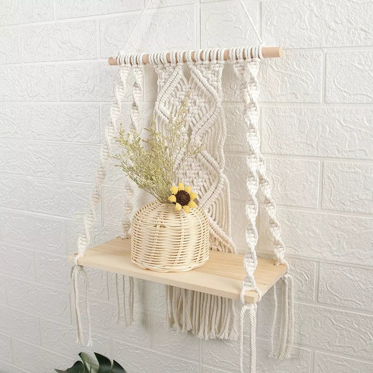 Handmade Macrame Wall Hanging Shelf Planter in Off White by Knots Interior