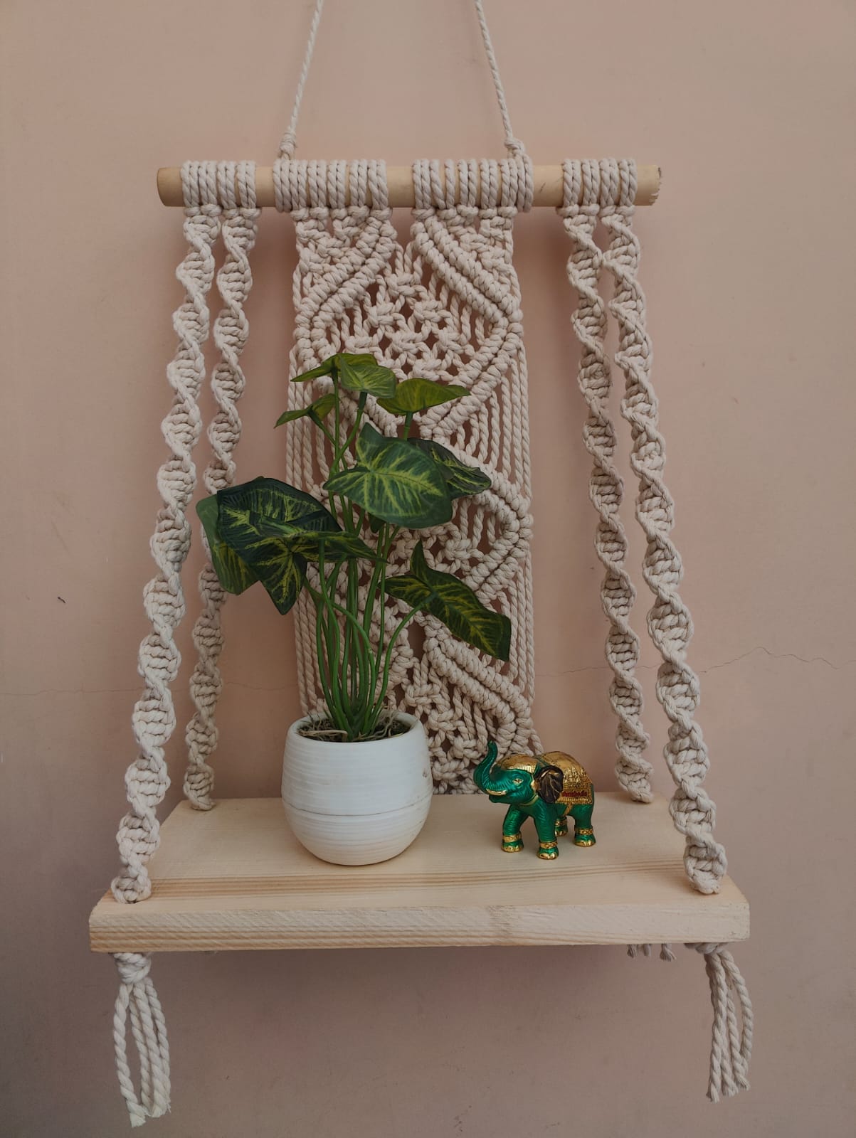 Handmade Macrame Wall Hanging Shelf Planter in Off White by Knots Interior