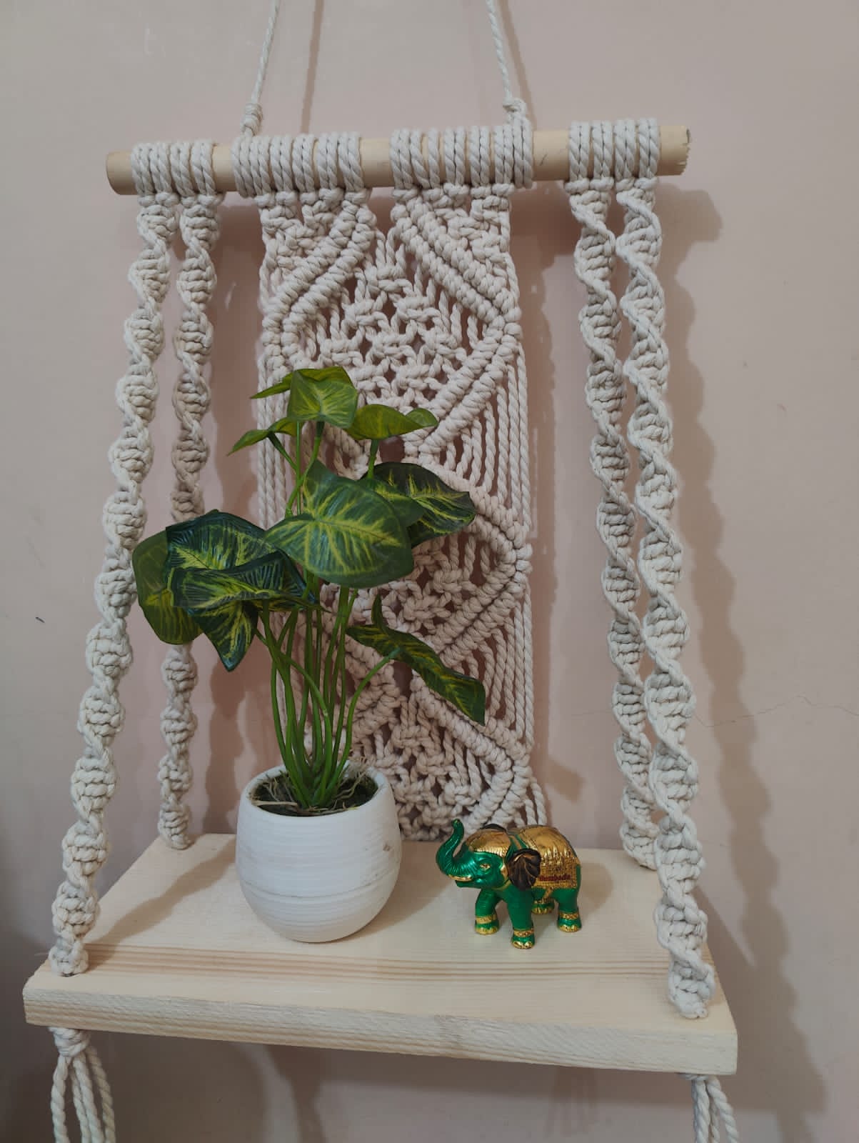 Handmade Macrame Wall Hanging Shelf Planter in Off White by Knots Interior
