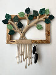 Macrame Teak Wood Leaf Frame Key Holder